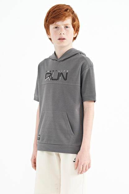 Dark Gray Kangaroo Pocket Hooded Oversize Boys T-Shirt - 11160