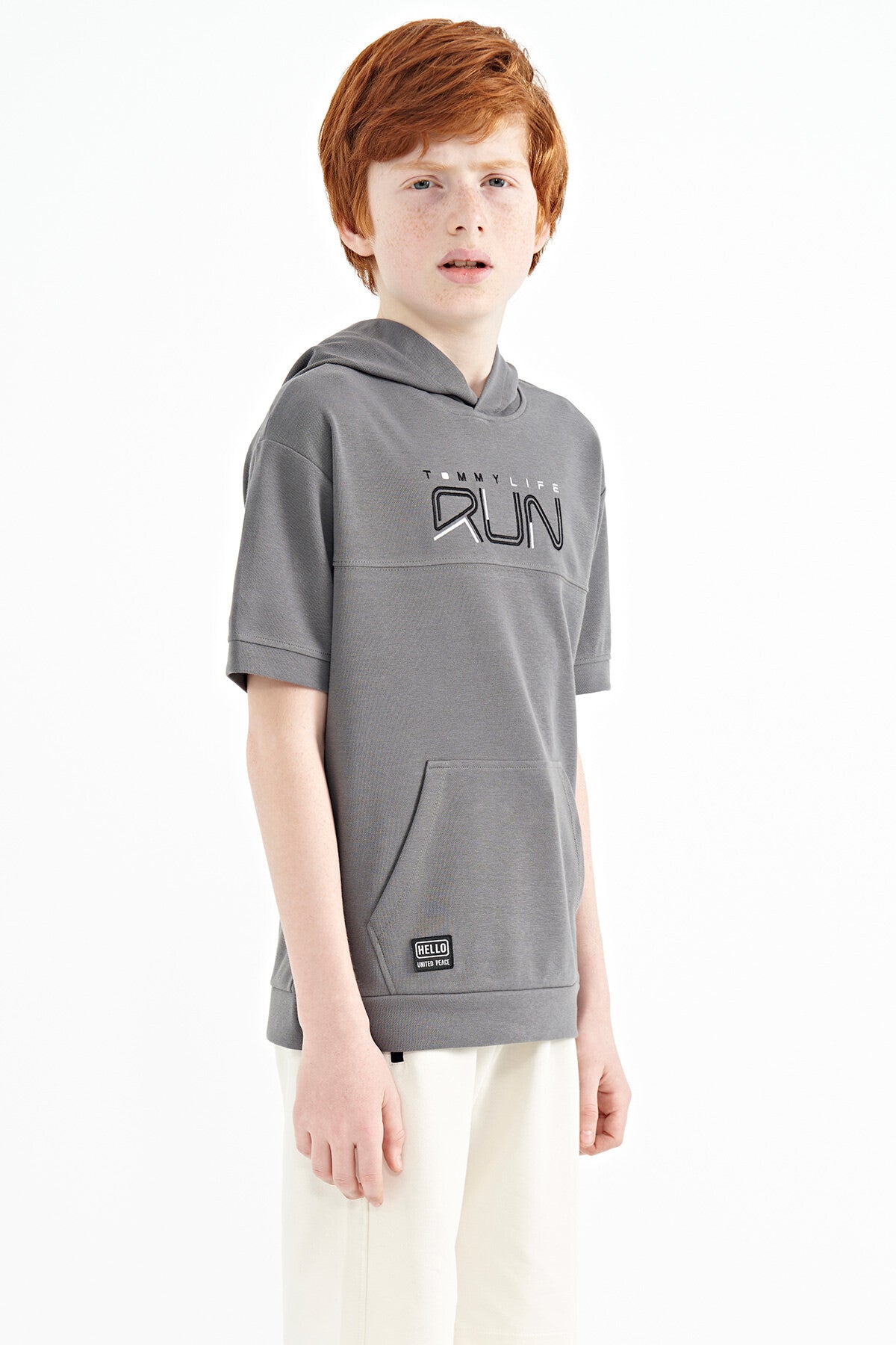 Dark Gray Kangaroo Pocket Hooded Oversize Boys T-Shirt - 11160