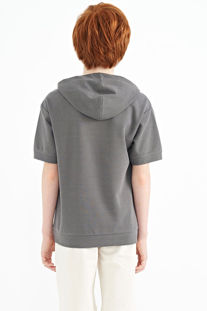 Dark Gray Kangaroo Pocket Hooded Oversize Boys T-Shirt - 11160