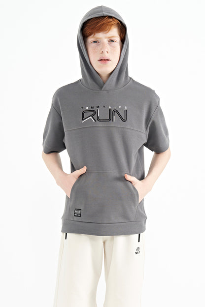 Dark Gray Kangaroo Pocket Hooded Oversize Boys T-Shirt - 11160