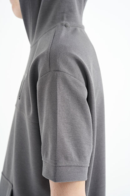 Dark Gray Kangaroo Pocket Hooded Oversize Boys T-Shirt - 11160