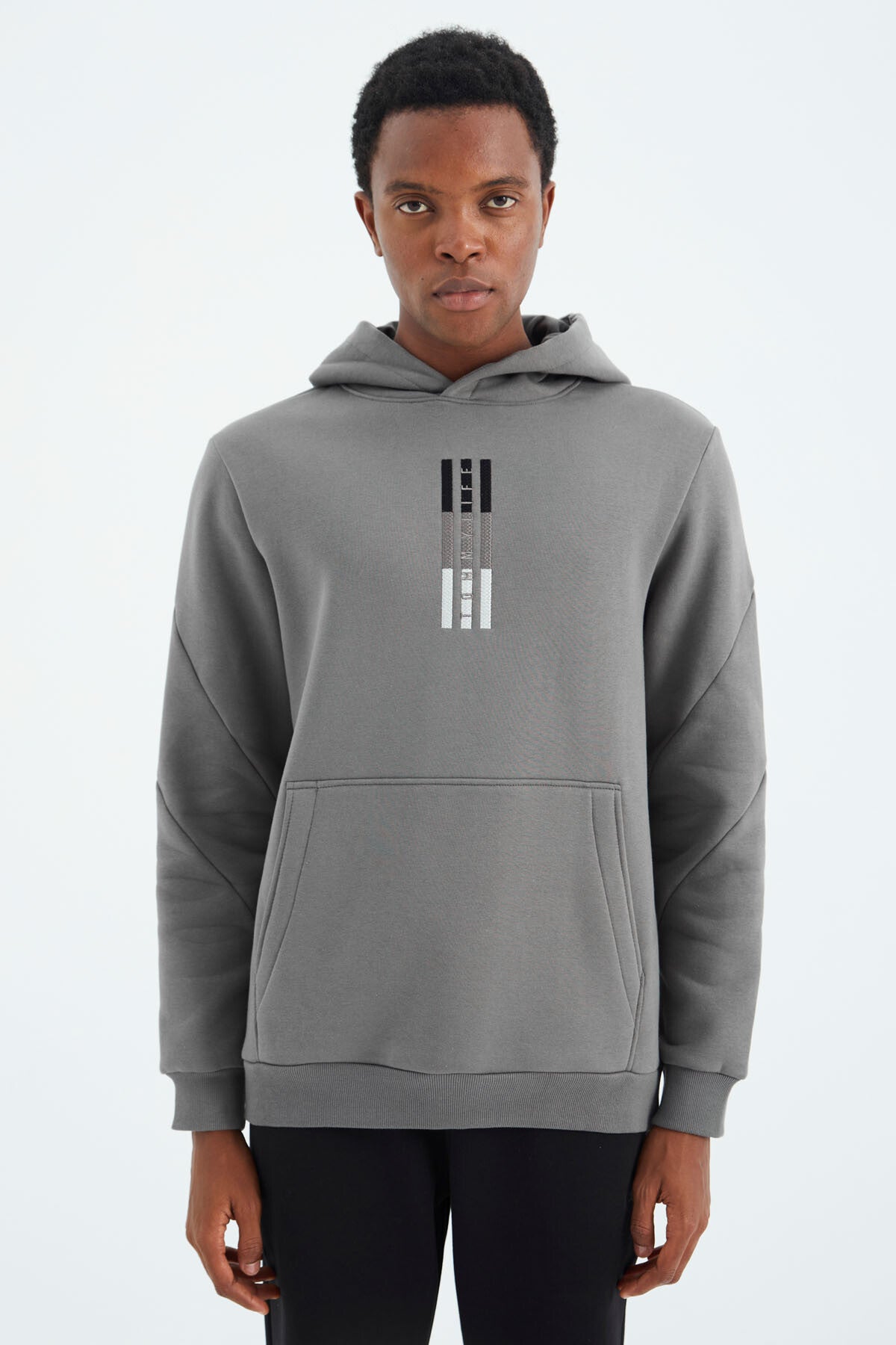 Dark Grey Embroidered Hooded Detailed Relax Fit Men's Sweatshirt - 88291