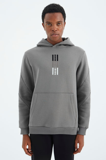 Dark Grey Embroidered Hooded Detailed Relax Fit Men's Sweatshirt - 88291