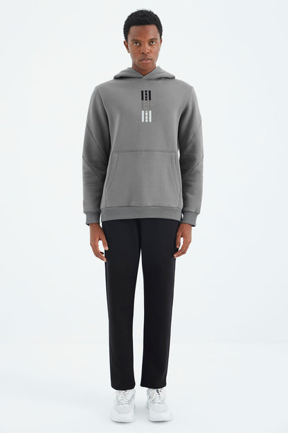 Dark Grey Embroidered Hooded Detailed Relax Fit Men's Sweatshirt - 88291
