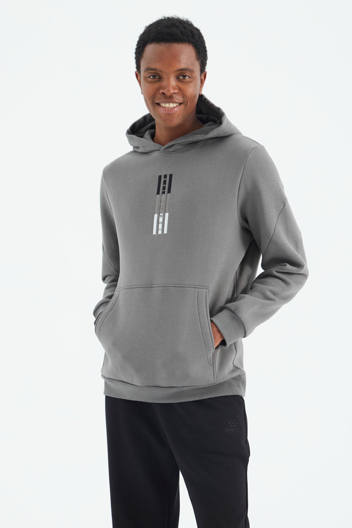 Dark Grey Embroidered Hooded Detailed Relax Fit Men's Sweatshirt - 88291