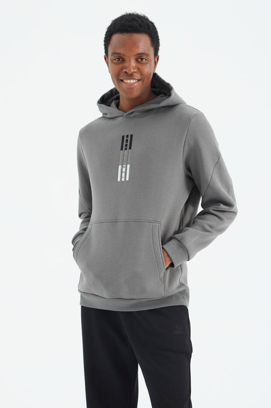Dark Grey Embroidered Hooded Detailed Relax Fit Men's Sweatshirt - 88291