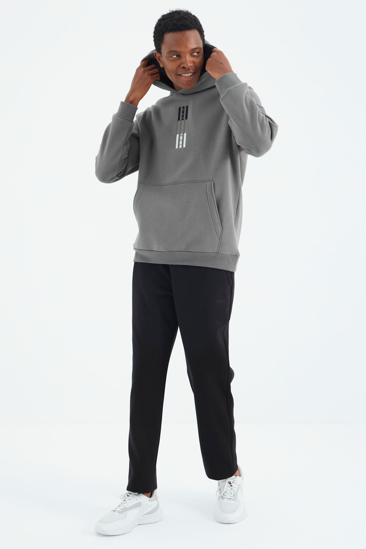 Dark Grey Embroidered Hooded Detailed Relax Fit Men's Sweatshirt - 88291