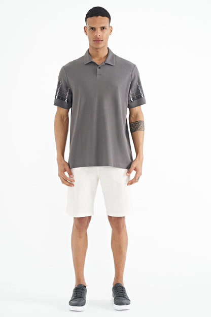 Dark Gray Sleeve Print Detailed Polo Collar Standard Fit Men's T-shirt - 88240