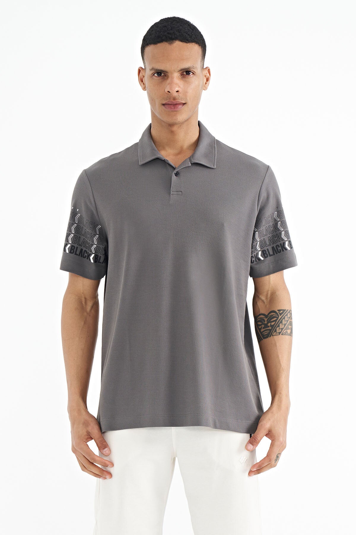 Dark Gray Sleeve Print Detailed Polo Collar Standard Fit Men's T-shirt - 88240