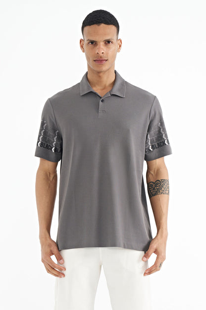 Dark Gray Sleeve Print Detailed Polo Collar Standard Fit Men's T-shirt - 88240