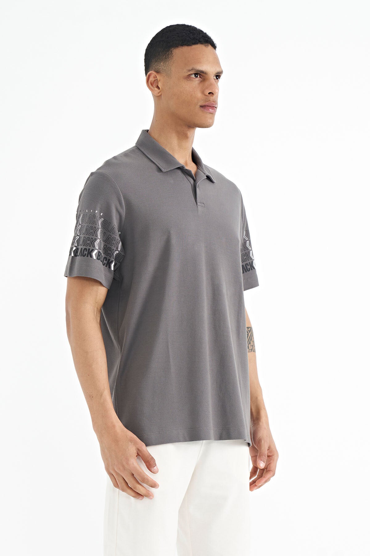 Dark Gray Sleeve Print Detailed Polo Collar Standard Fit Men's T-shirt - 88240