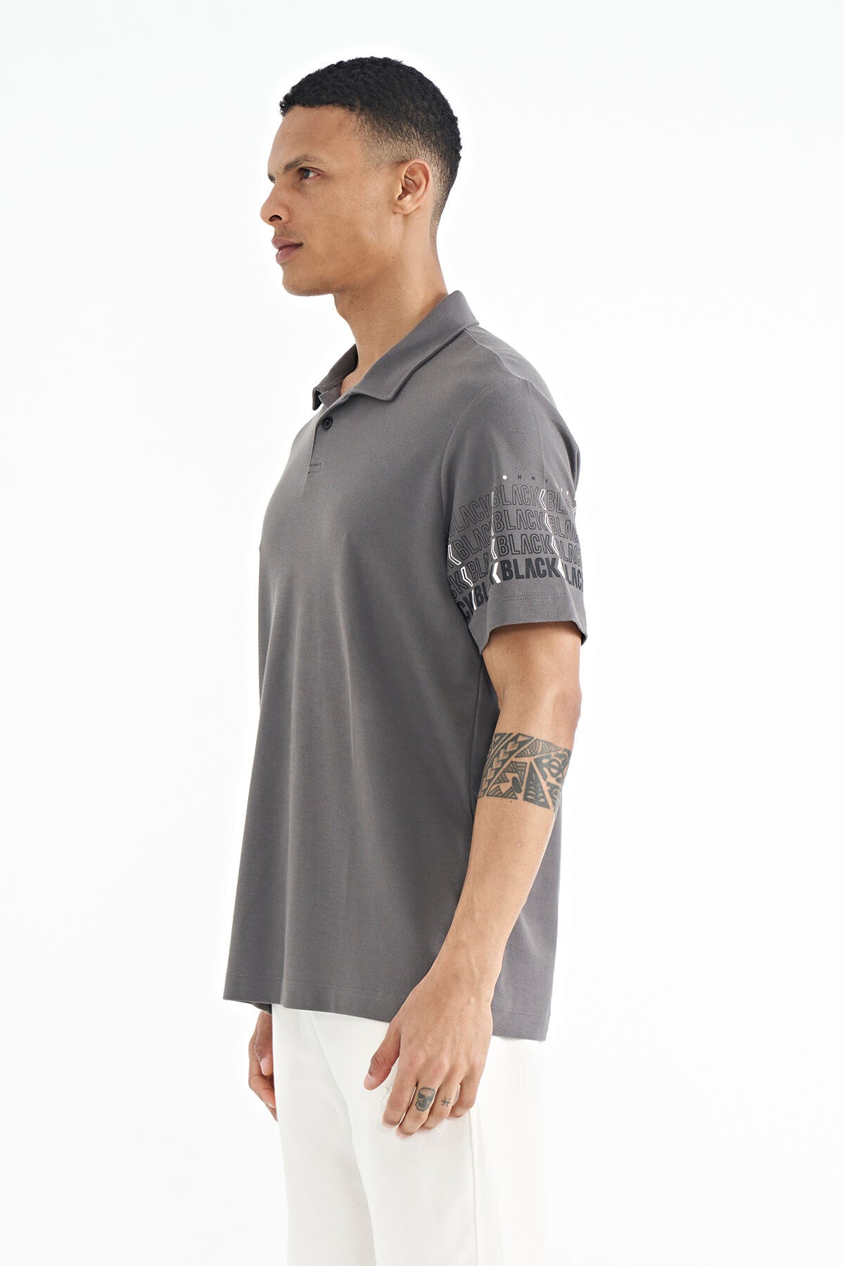 Dark Gray Sleeve Print Detailed Polo Collar Standard Fit Men's T-shirt - 88240