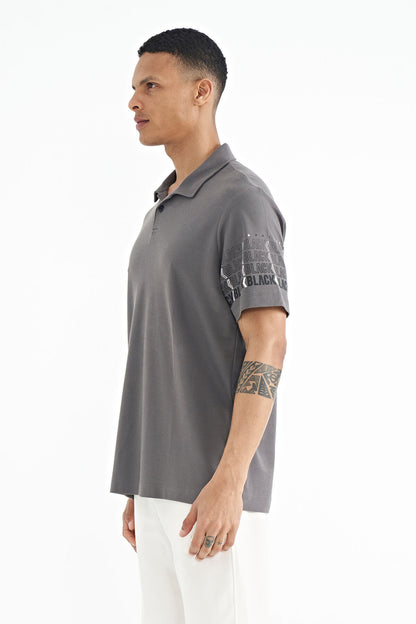 Dark Gray Sleeve Print Detailed Polo Collar Standard Fit Men's T-shirt - 88240