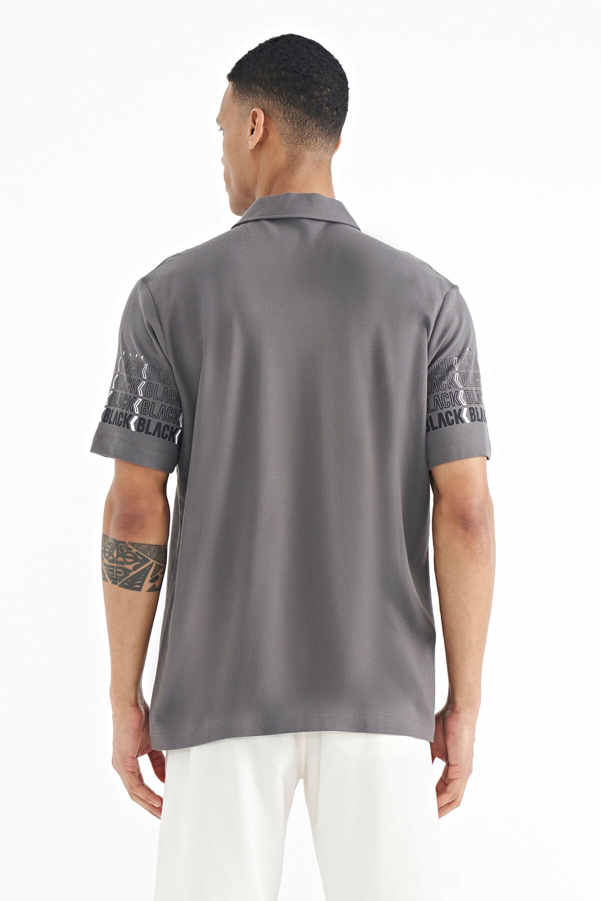 Dark Gray Sleeve Print Detailed Polo Collar Standard Fit Men's T-shirt - 88240