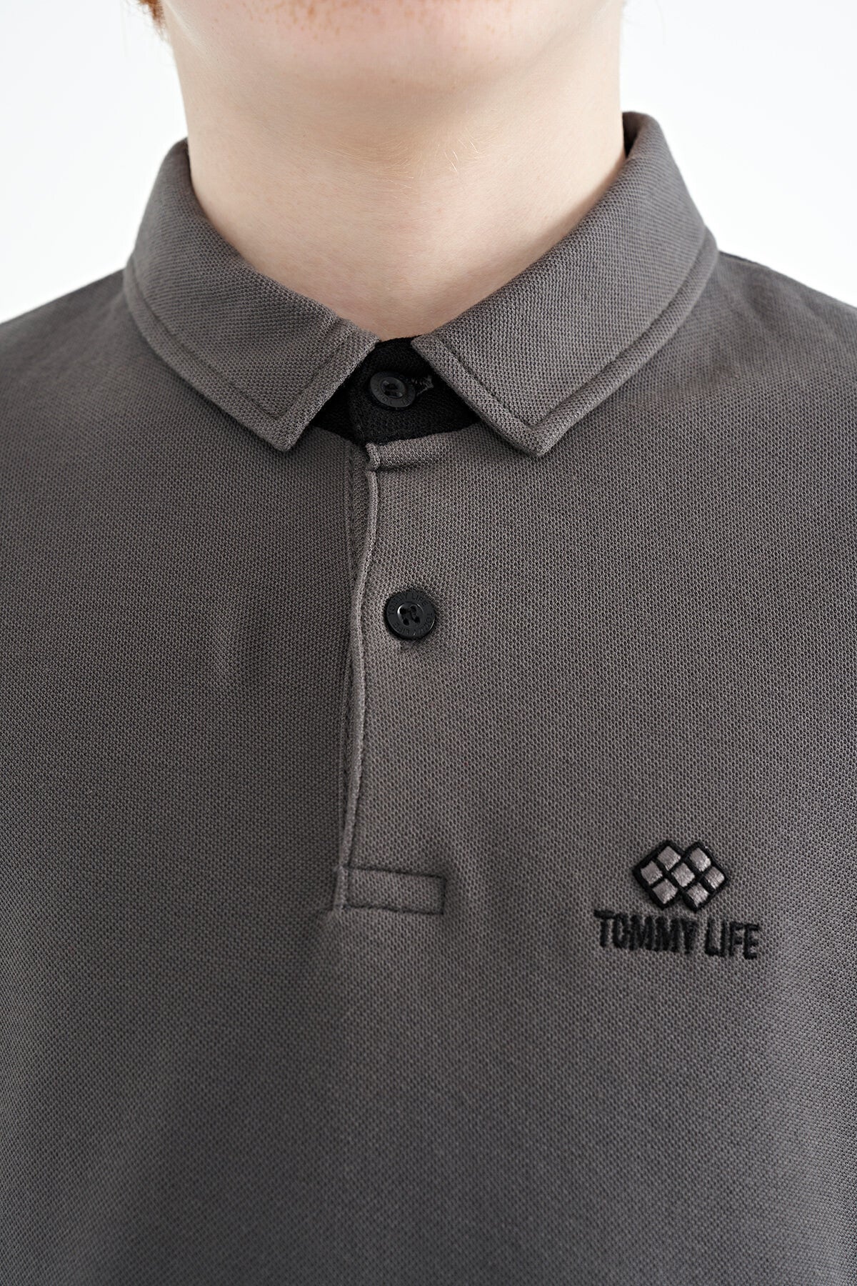 Dark Grey Sleeve Print Detailed Standard Fit Polo Collar Boys T-Shirt - 11093