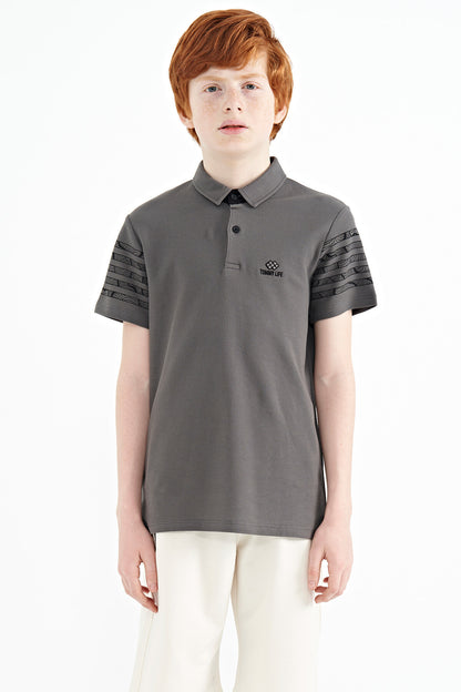Dark Grey Sleeve Print Detailed Standard Fit Polo Collar Boys T-Shirt - 11093