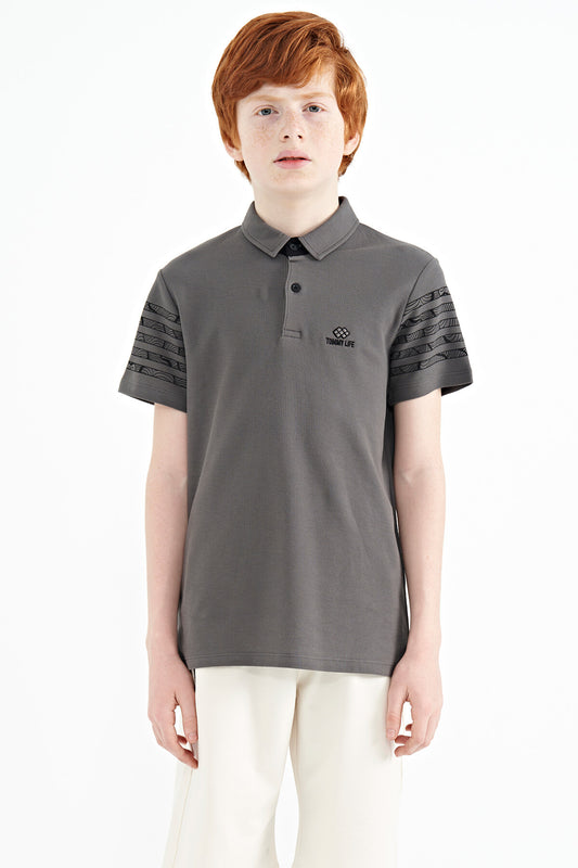 Dark Grey Sleeve Print Detailed Standard Fit Polo Collar Boys T-Shirt - 11093
