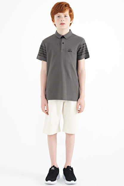 Dark Grey Sleeve Print Detailed Standard Fit Polo Collar Boys T-Shirt - 11093
