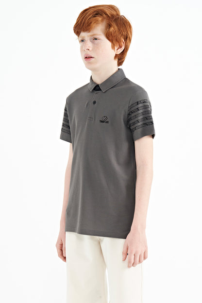 Dark Grey Sleeve Print Detailed Standard Fit Polo Collar Boys T-Shirt - 11093
