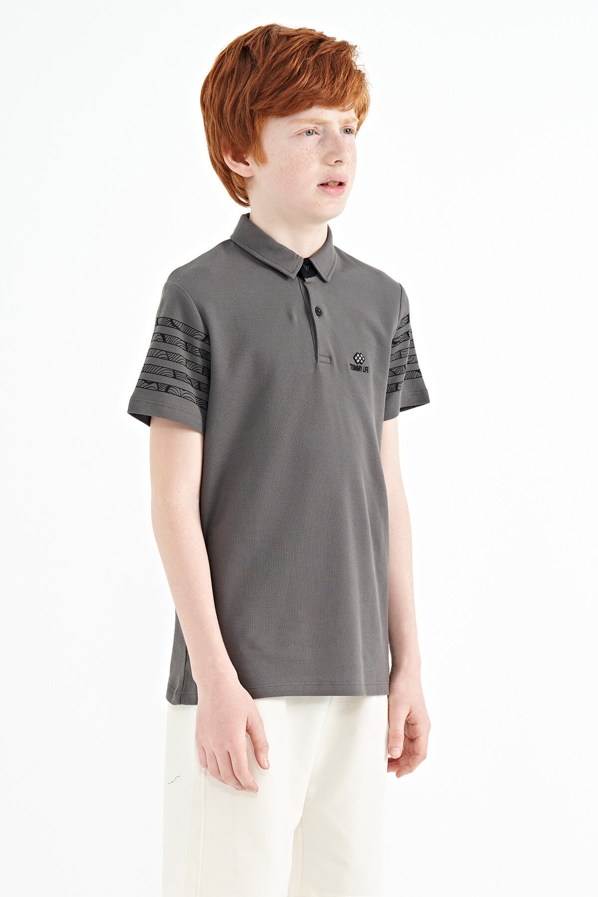 Dark Grey Sleeve Print Detailed Standard Fit Polo Collar Boys T-Shirt - 11093