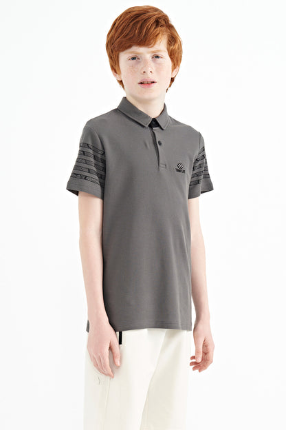 Dark Grey Sleeve Print Detailed Standard Fit Polo Collar Boys T-Shirt - 11093