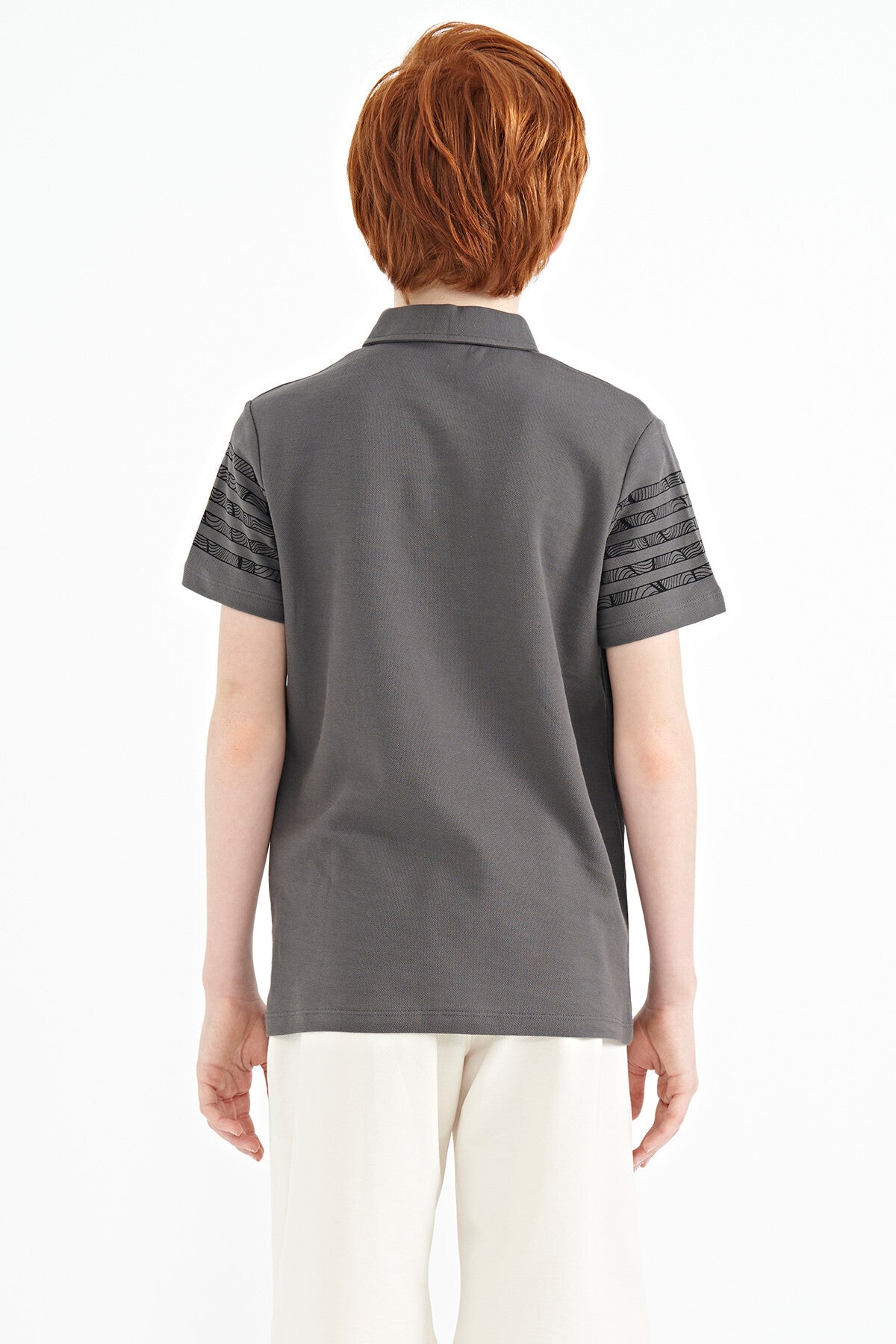 Dark Grey Sleeve Print Detailed Standard Fit Polo Collar Boys T-Shirt - 11093
