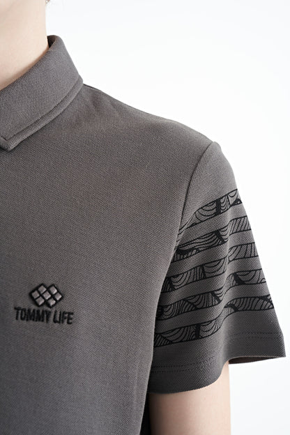 Dark Grey Sleeve Print Detailed Standard Fit Polo Collar Boys T-Shirt - 11093