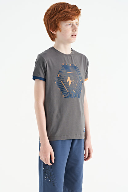 Dark Gray Cuffed Sleeve Detailed Print Standard Fit Boys' T-Shirt - 11156