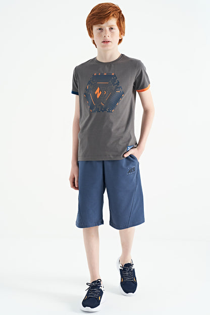 Dark Gray Cuffed Sleeve Detailed Print Standard Fit Boys' T-Shirt - 11156