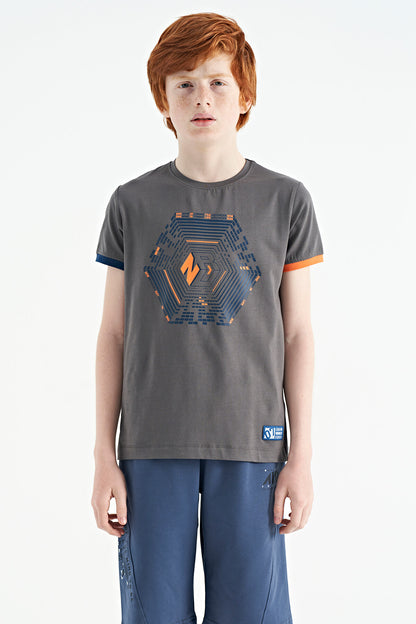 Dark Gray Cuffed Sleeve Detailed Print Standard Fit Boys' T-Shirt - 11156