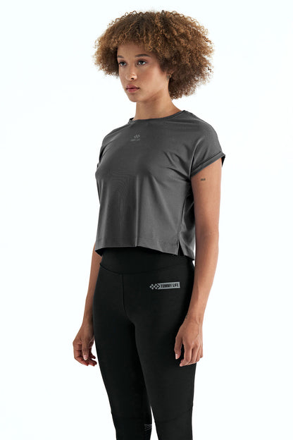 Dark Gray Logo Printed O Neck Short Sleeve Oversize Women's Crop T-Shirt - 97262