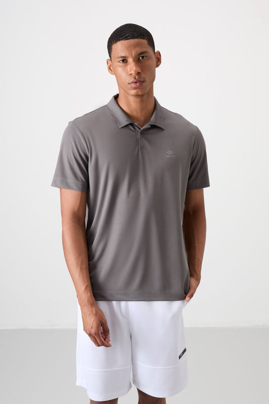 Dark Grey Logo Printed Standard Fit Polo Collar Active Sport Men's T-Shirt - 88252