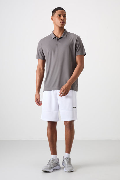 Dark Grey Logo Printed Standard Fit Polo Collar Active Sport Men's T-Shirt - 88252