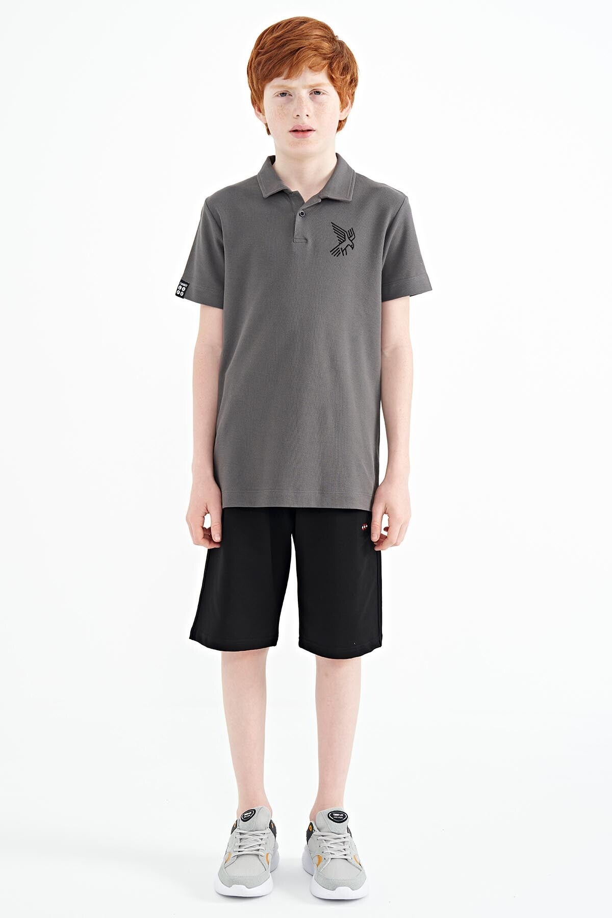 Dark Gray Minimal Embroidery Detailed Standard Pattern Polo Collar Boys T-Shirt - 11084