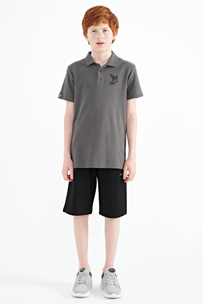Dark Gray Minimal Embroidery Detailed Standard Pattern Polo Collar Boys T-Shirt - 11084