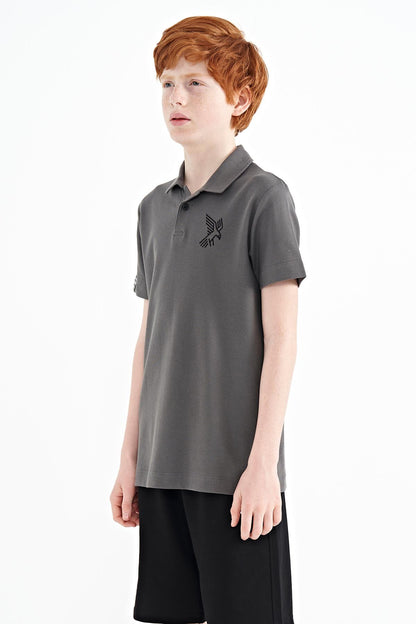 Dark Gray Minimal Embroidery Detailed Standard Pattern Polo Collar Boys T-Shirt - 11084