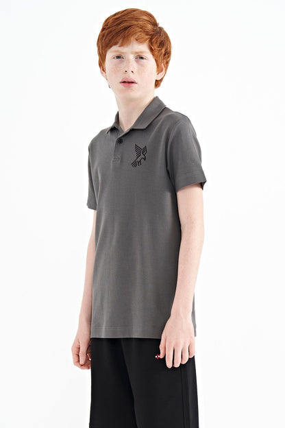 Dark Gray Minimal Embroidery Detailed Standard Pattern Polo Collar Boys T-Shirt - 11084