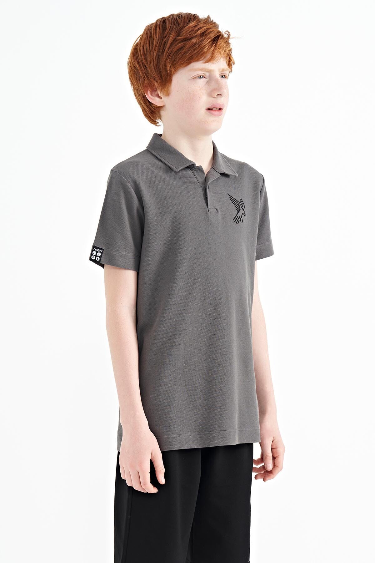 Dark Gray Minimal Embroidery Detailed Standard Pattern Polo Collar Boys T-Shirt - 11084