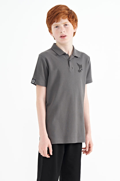 Dark Gray Minimal Embroidery Detailed Standard Pattern Polo Collar Boys T-Shirt - 11084