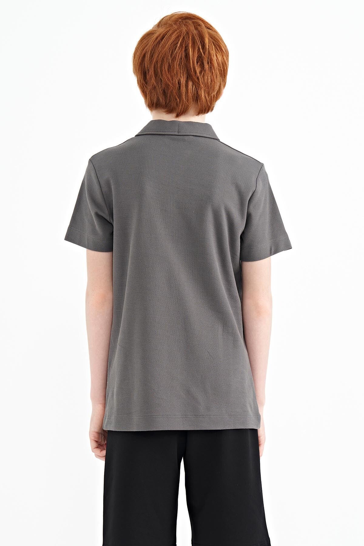 Dark Gray Minimal Embroidery Detailed Standard Pattern Polo Collar Boys T-Shirt - 11084