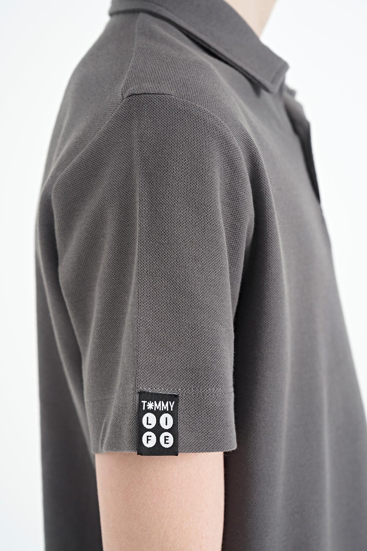 Dark Gray Minimal Embroidery Detailed Standard Pattern Polo Collar Boys T-Shirt - 11084