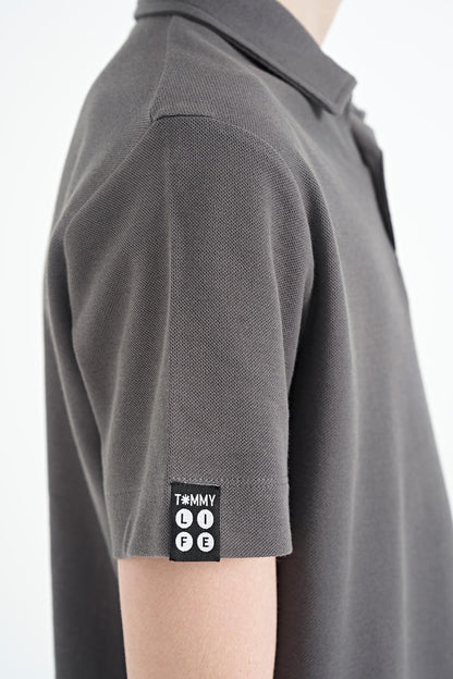 Dark Gray Minimal Embroidery Detailed Standard Pattern Polo Collar Boys T-Shirt - 11084
