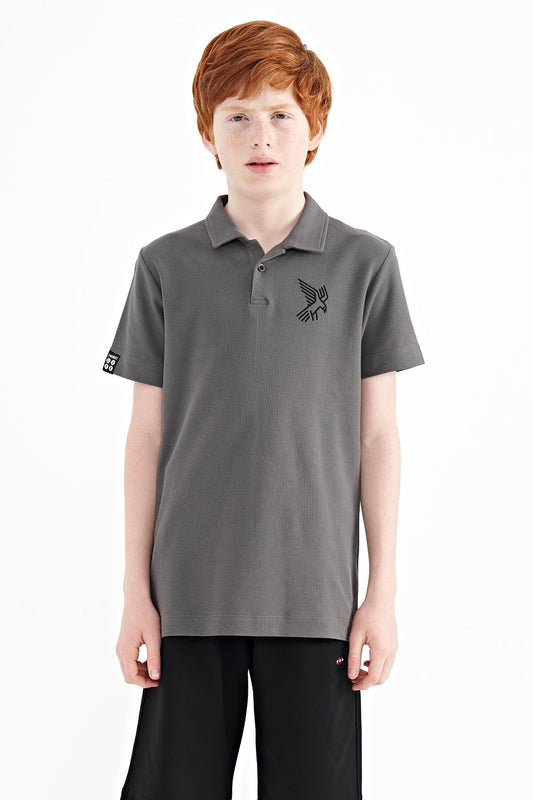 Dark Gray Minimal Embroidery Detailed Standard Pattern Polo Collar Boys T-Shirt - 11084