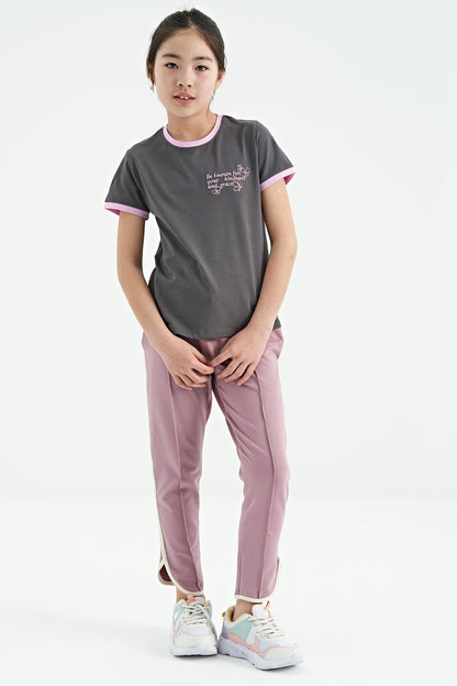 Dark Grey Minimal Print O Neck Comfort Fit Short Sleeve Girls T-Shirt - 75110