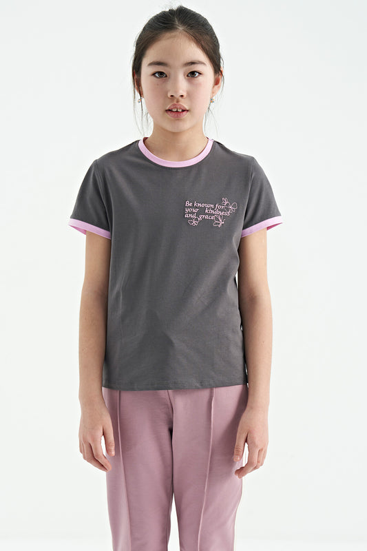Dark Grey Minimal Print O Neck Comfort Fit Short Sleeve Girls T-Shirt - 75110