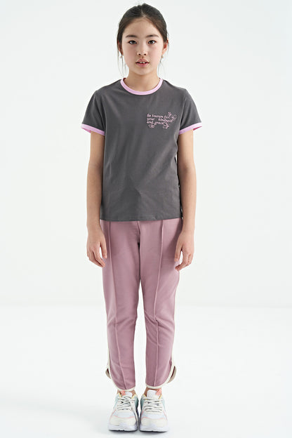Dark Grey Minimal Print O Neck Comfort Fit Short Sleeve Girls T-Shirt - 75110