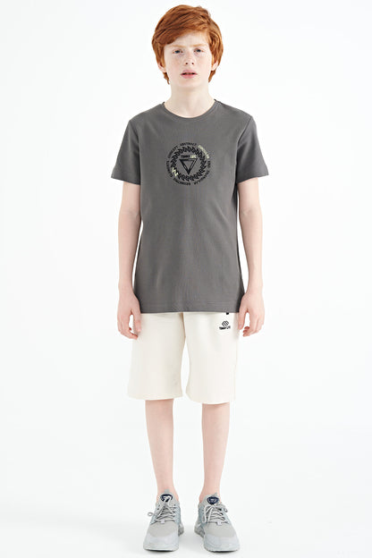Dark Grey Embroidered Detailed O Collar Standard Fit Boys' T-Shirt - 11115