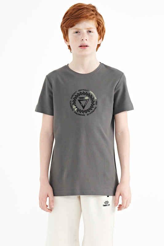 Dark Grey Embroidered Detailed O Collar Standard Fit Boys' T-Shirt - 11115