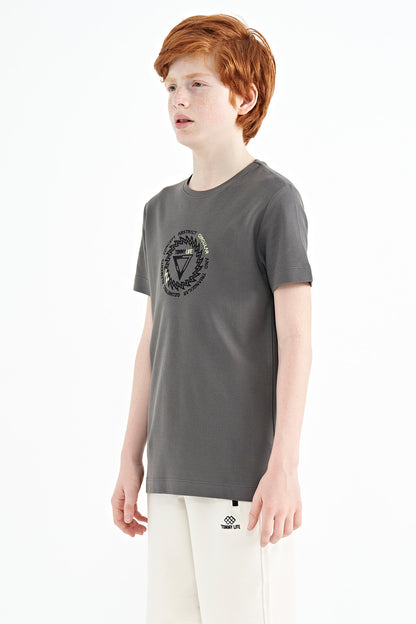 Dark Grey Embroidered Detailed O Collar Standard Fit Boys' T-Shirt - 11115