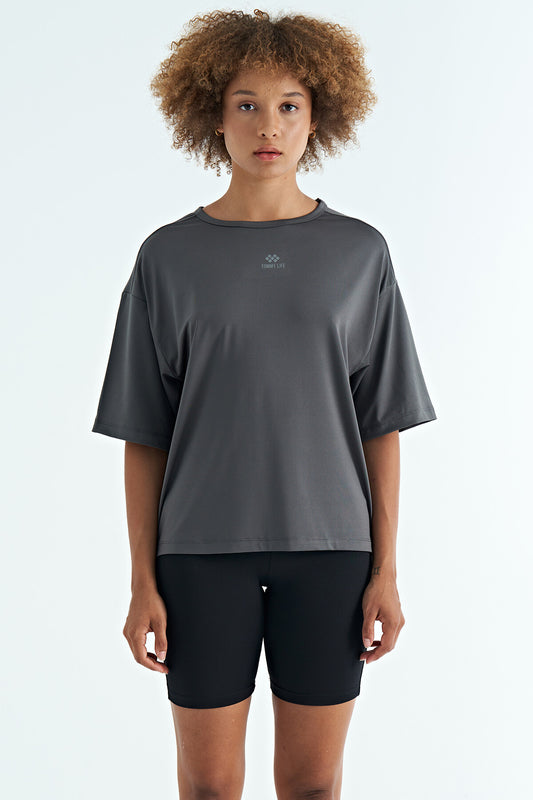Dark Grey O Collar Print Detailed Oversize Short Sleeve Women's T-Shirt - 97263